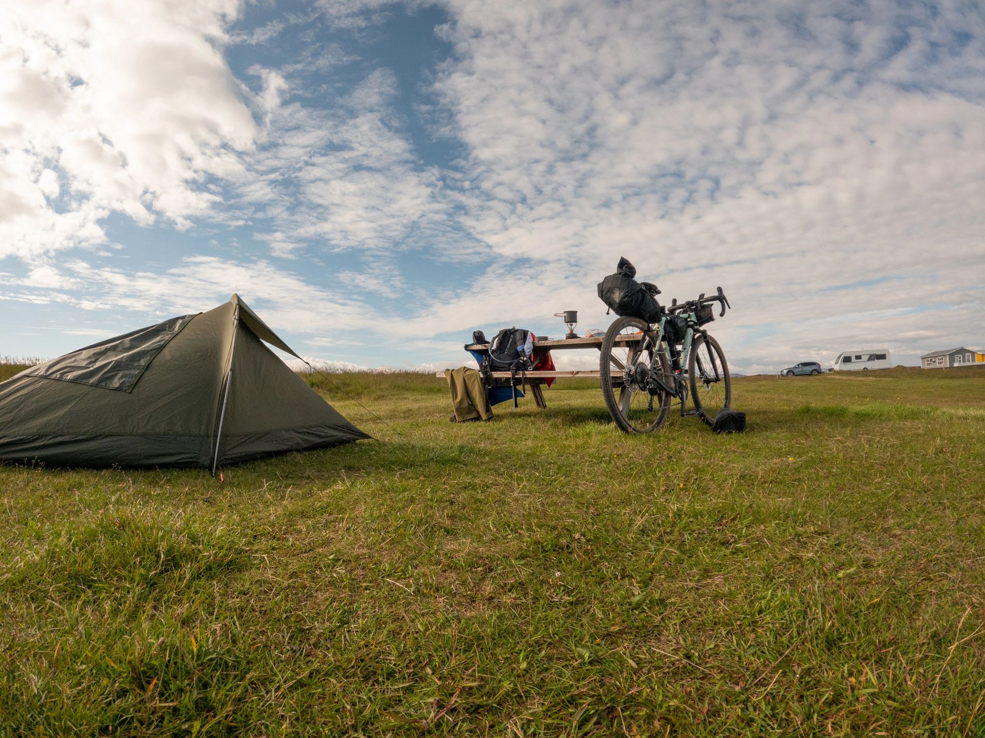 Campsite setup with outdoor gear